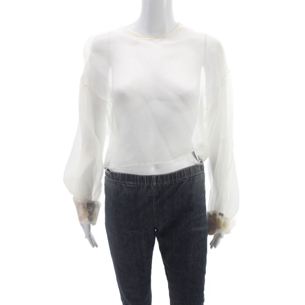 Designer Women Silk Cropped Blouse White Round Neck Long Sleeve Button Size S